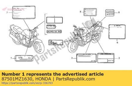 Label,registered 87501MZ1630 Honda