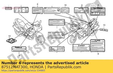 Label, accessoires en lading 87512MAT300 Honda