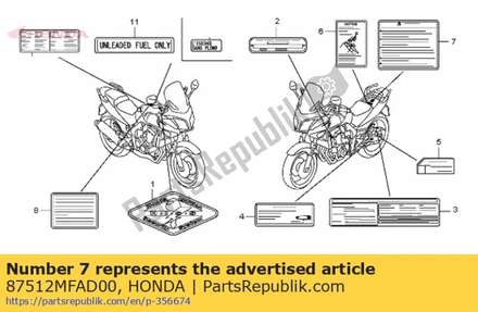 Label, accessories & load 87512MFAD00 Honda