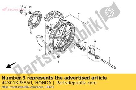 Axle, fr. wheel 44301KPF850 Honda