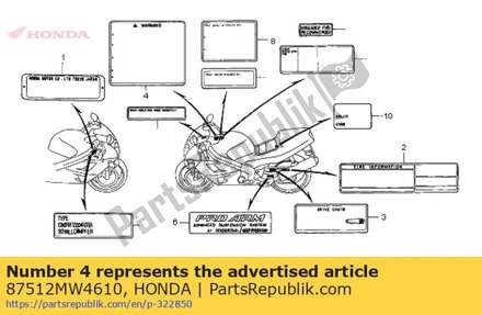 Label, accessoire l 87512MW4610 Honda