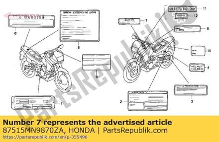 Label, engine oil caution 87515MN9870ZA Honda