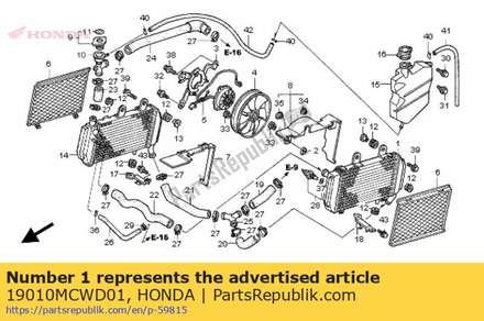 Radiator comp., l. 19010MCWD01 Honda